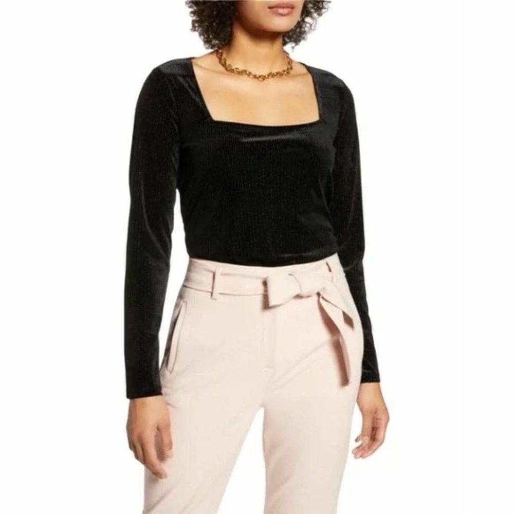 Halogen Women's Black Velvet Square Neck Top Long Sleeve Blouse Size XS